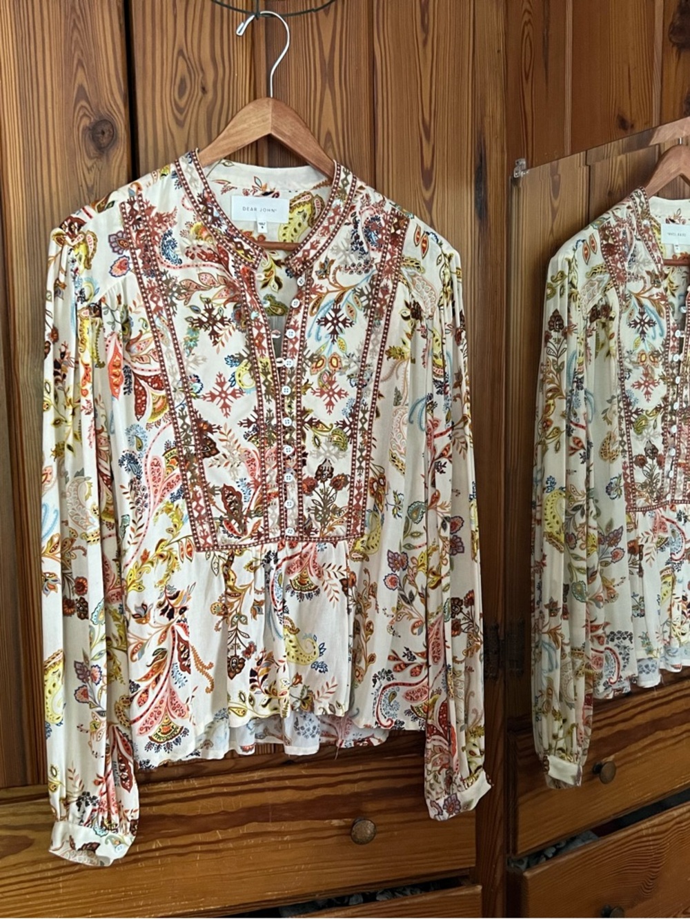 Dear John Embroidered Paisley Blouse Cream Rust Boho Fall Popover cowgirl S